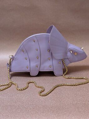 Lavender Purple Crossbody Triceratops Purse, Gold Toned Metal Strap and Accents